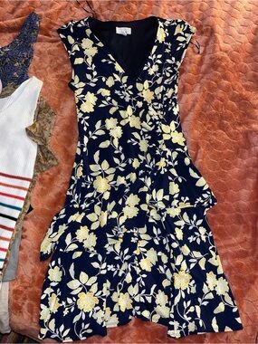 Navy and Yellow Floral Print Dress